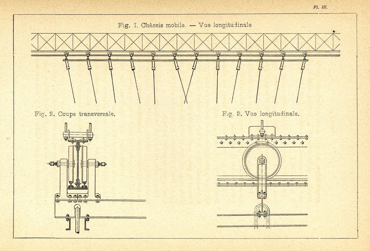 «Châssis mobile» o bastidor sobre carriles propuesto por Arnodin / «NOTICE SUR LE PONT A TRANSBORDEÜR…» Colección Joaquín Cárcamo.