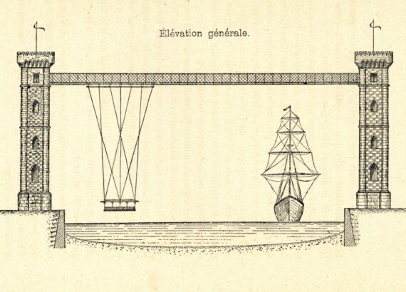 «Type de pont a transbordeur avec poutres rigides et piliers en maçonerie» / «NOTICE SUR LE PONT A TRANSBORDEÜR…» Colección Joaquín Cárcamo.