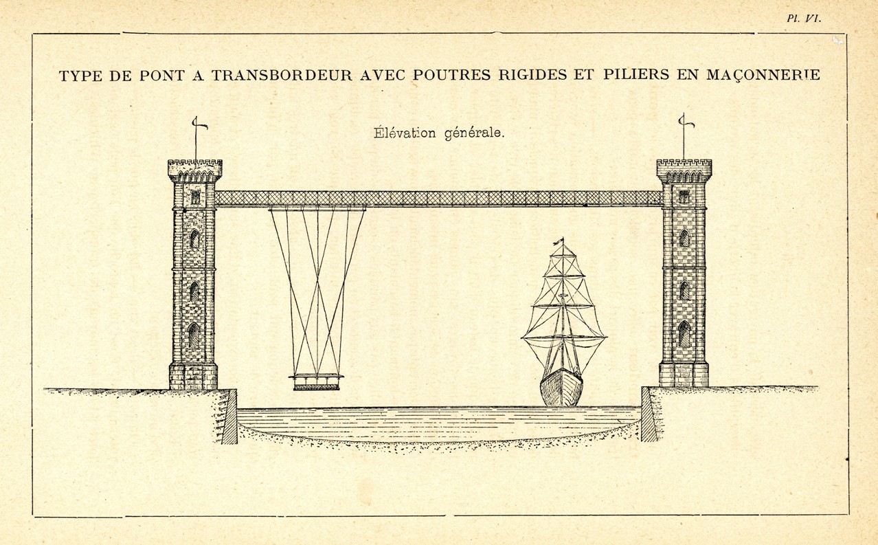 «Type de pont a transbordeur avec poutres rigides et piliers en maçonerie» / «NOTICE SUR LE PONT A TRANSBORDEÜR…» Colección Joaquín Cárcamo.