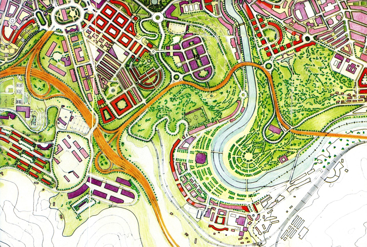 PGOU de Bilbao. Avance de junio de 1989. Vista parcial de la zona este con el nuevo trazado vial propuesto. Colección Joaquín Cárcamo.