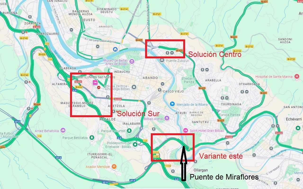 Mapa de Bilbao con la red viaria en el que se señalan las soluciones centro y sur y la Variante este. / Google Maps, 2025.