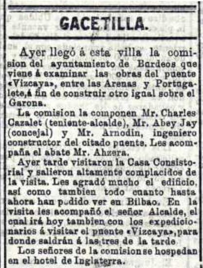 Gacetilla de prensa sobre la visita a Bilbao y al Puente Vizcaya de una delegación de Burdeos. / El Noticiero Bilbaíno de 10/08/1894.