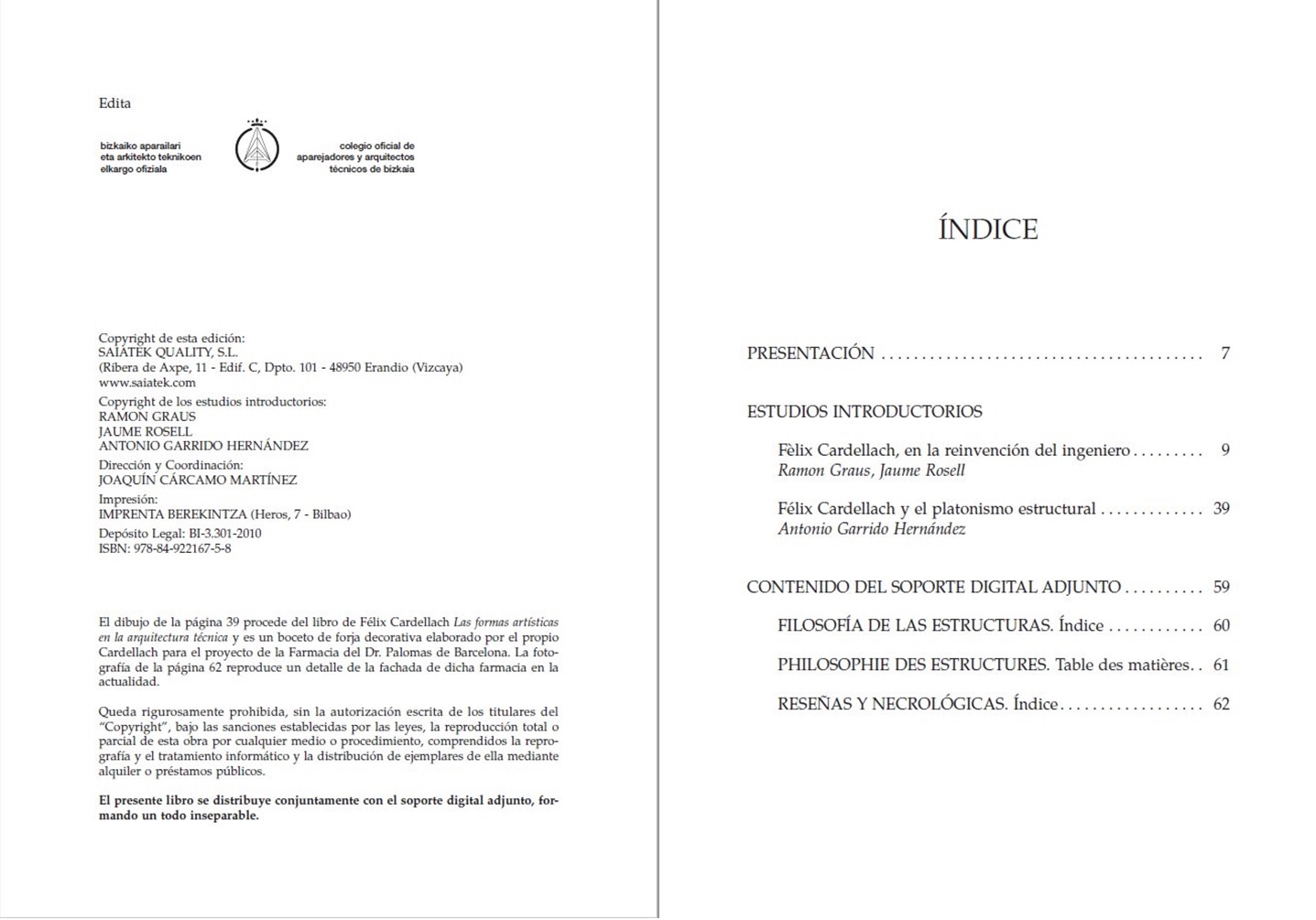 Filosofía de las estructuras - Philosophie des Structures. Félix Cardellach. COAATBI, Bilbao, 2010.