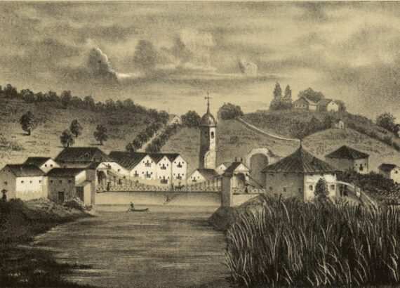 Puente colgante de Burceña. Revista Pintoresca de las Provincias Vascongadas, Bilbao, 1846. / Fundación Sancho el Sabio Fundazioa (Vitoria-Gasteiz).