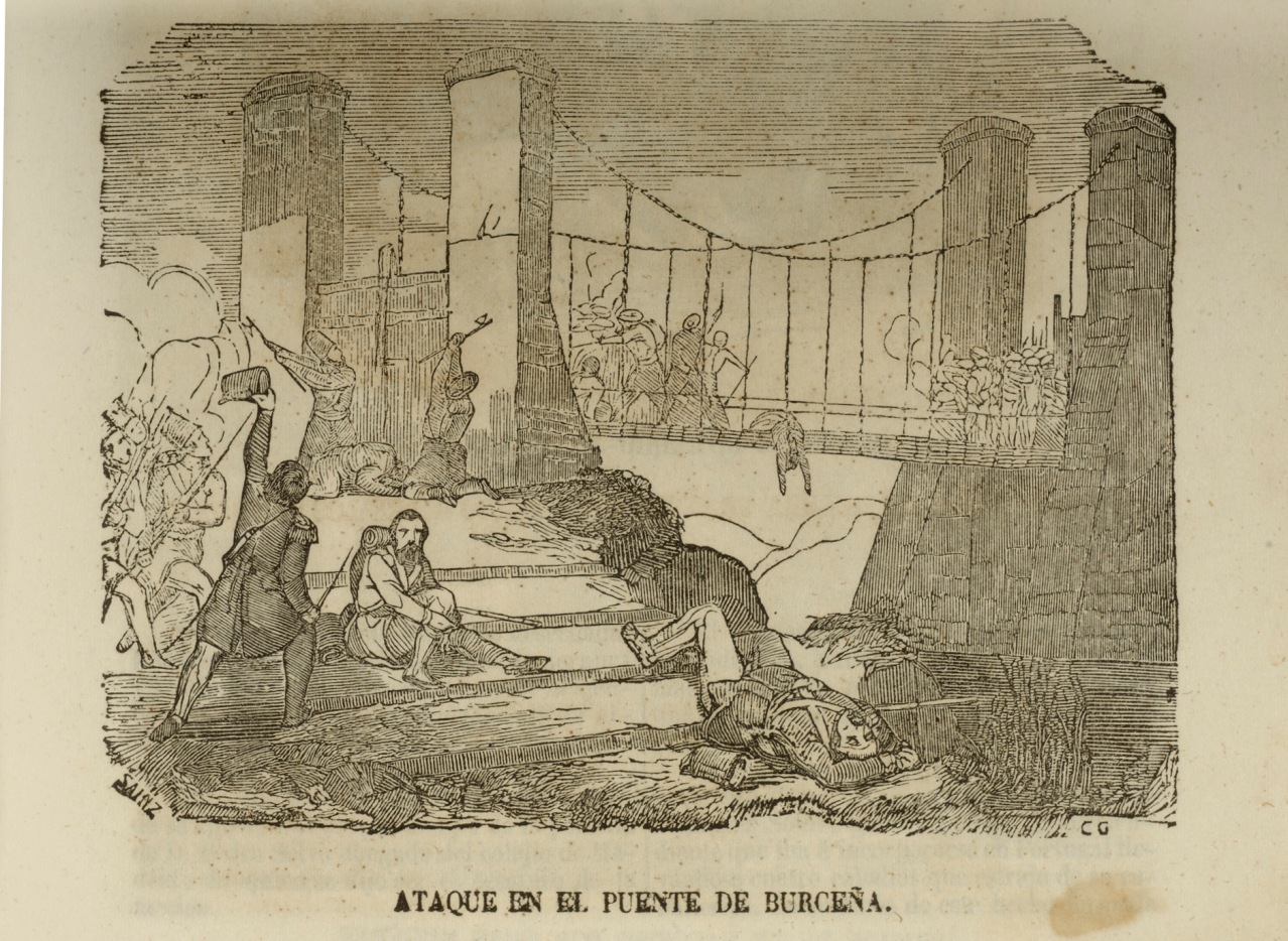 Quema del puente colgante de Burceña por el carlista Castor (1834). Manuel Miranda. Grabador: Redondo. Panorama español, cronica conteporanea. Obra pintoresca, 1842./ Museo Zumalakarregi Museoa.