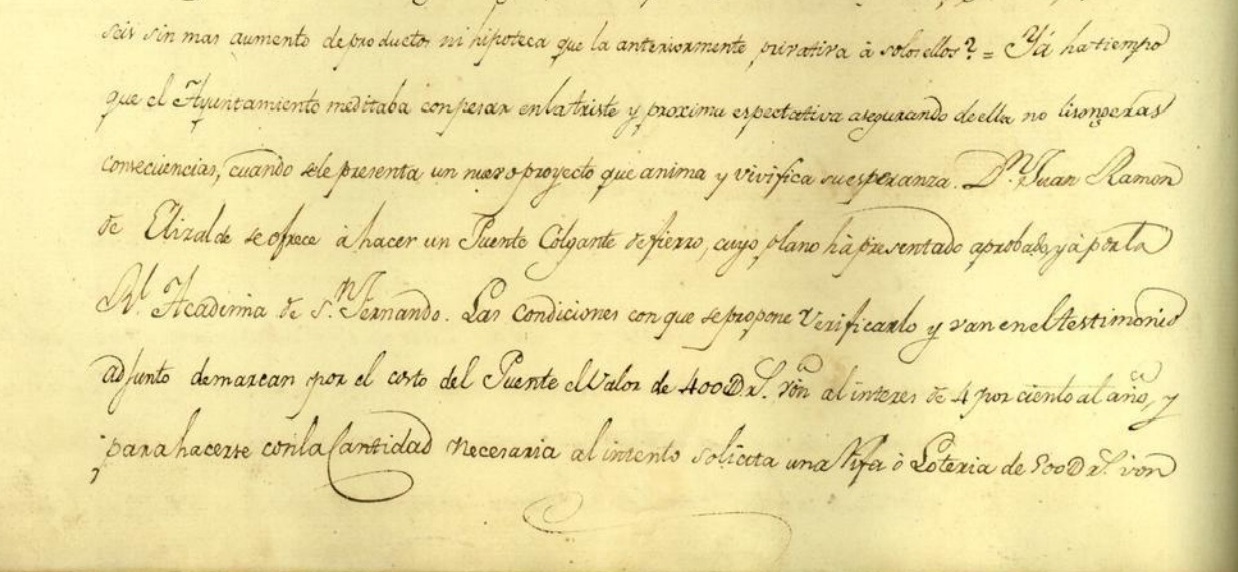 Acta del Ayuntamiento de Bilbao del 29 de julio de 1925 (detalle) en la que se hace constar la solicitud al rey Fernando VII para la erección del Puente colgante de San Francisco y la celebración de una rifa. / Archivo Histórico de Bilbao.