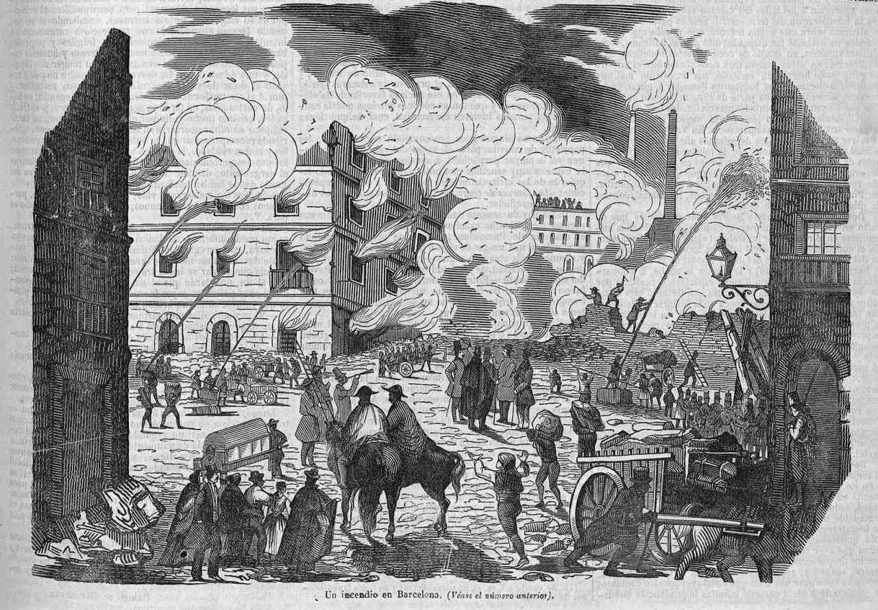 Incendio en el Raval, el 18 de enero de 1851: iniciado en el vapor Capdevila y Mata, se extendió a la fábrica Armengol. (La Ilustración 15/02/1851)