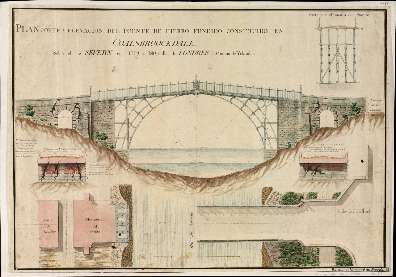 Iron Bridge sobre el Severn en Coalbrookdale. 1779. Plano atribuido a Betancourt, aunque existe un plano similar con la leyenda en francés. / Biblioteca Nacional.