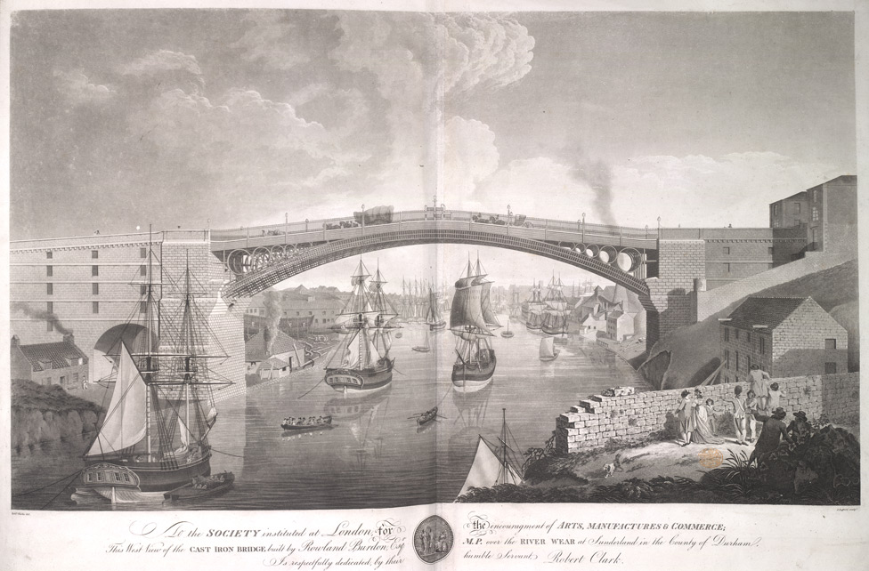 Puente de Wearmouth sobre el río Wear en Sunderland, Inglaterra, inaugurado en 1796. / (1798) British Library