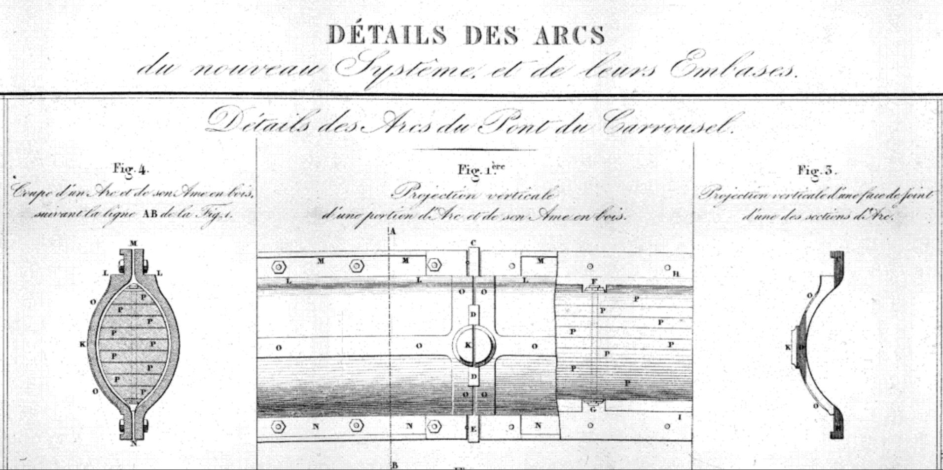 Puente del Carrousel en París. Detalle de los arcos. / Nouveau système des ponts en fonte. Polonceau, 1839. Gallica.