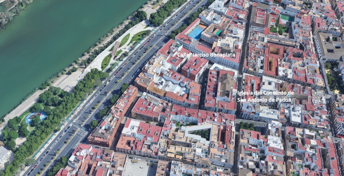 La fundición de Bonaplata en Sevilla estuvo ubicada en el Convento de San Antonio de Padua una vez desamortizado en 1935. / Google Maps y elaboración propia.