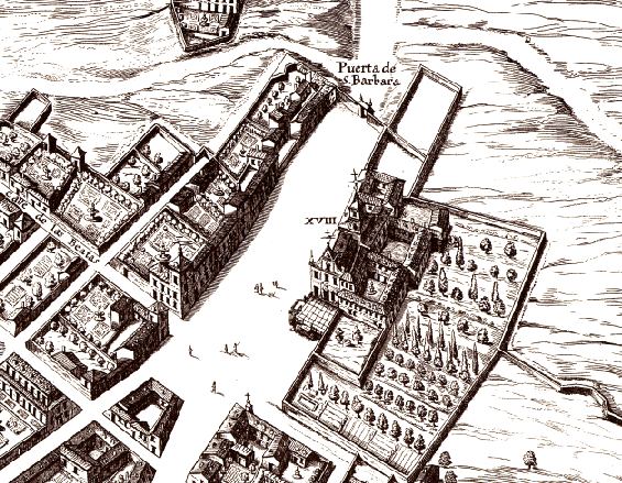 El convento y la Puerta de Santa Bárbara de Madrid en el plano de Texeira de 1656.